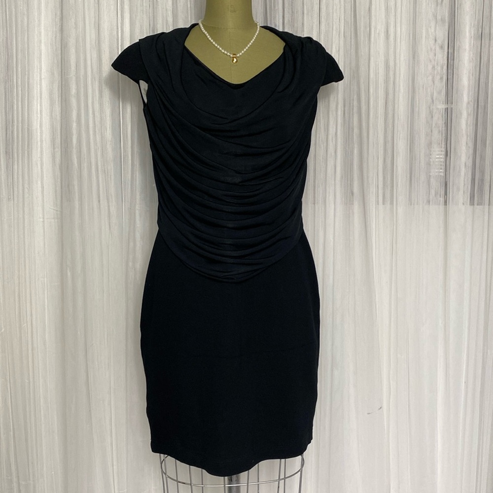 Byblos LBD short dress! Events Cap stitches sleeves rushing panel in front! Sz M